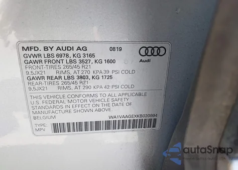 2019 Audi E-Tron Premium Plus из США, поврежденный, VIN WA1VAAGEXKB020994